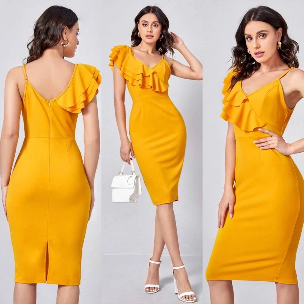 One shoulder tiered flounce slit back dress L